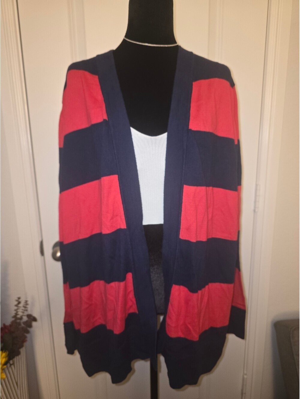 Gap Women's XL Navy Blue and Red Stripe Open Front Cardigan